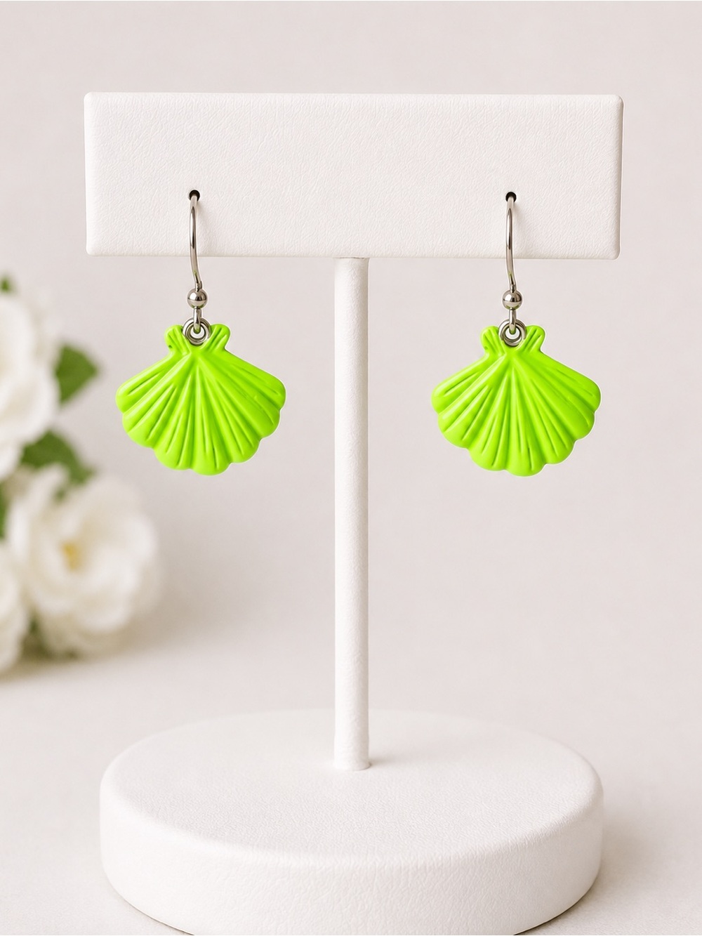 Neon Lime Green Seashell Dangle Earrings Beach Summer Coastal